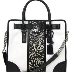 Michael Michael Kors White & Black Hamilton Calf Hair Stripe Purse Handbag